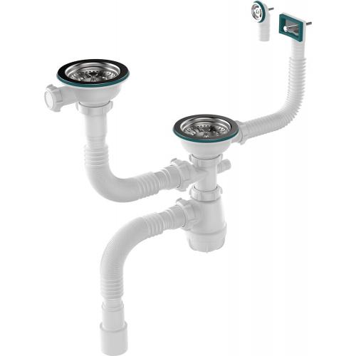 D0130-12-MR Сифон для двойных разноуровн.моек Aquant 3 1/2х40 метал. реш. с прямоуг. и кругл. перел.