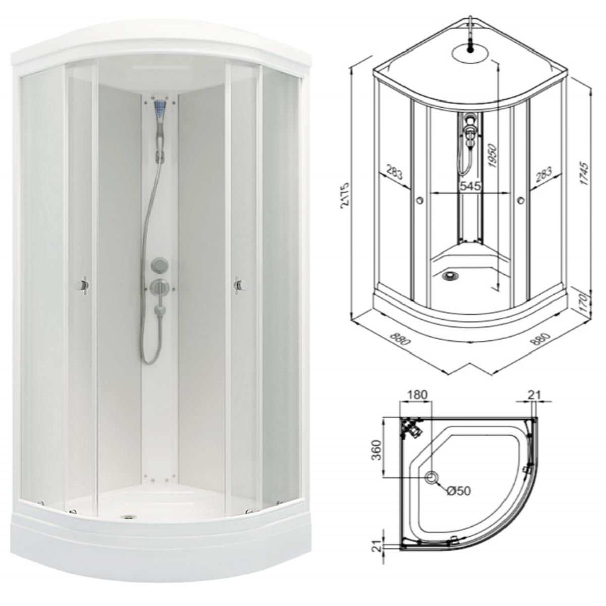 Triton Душевая кабина Triton Хит 88х88 А 1/4 круга, низ. подд, Белый